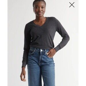 Quince lightweight organic cotton long-sleeved  v-neck top sweater classic  XS